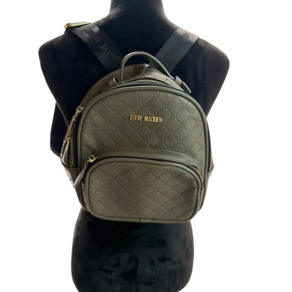 Steve Madden Olive Green Quilted Mini Backpack Embossed Logo Gold Tone Hardware